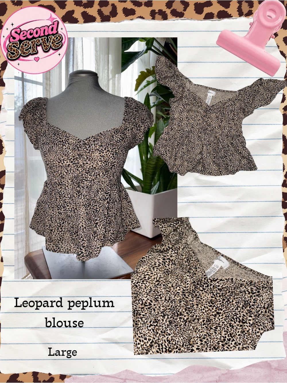 Jessica Simpson Beige and Black Leopard Peplum Blouse